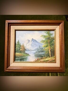 Vintage D Perry Mountain Landscape Oil Painting Framed Mid Century Cottagecore